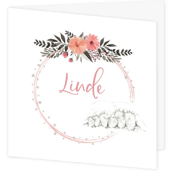 Geboortekaart Linde - Aquarel bloemen met voetjes