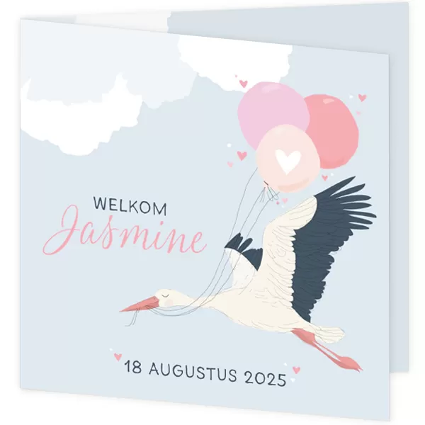 Geboortekaartje Jasmine - Ooievaar met roze ballonnen