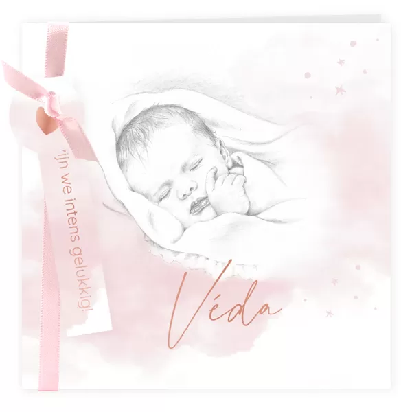 Geboortekaartje potloodtekening slapende baby