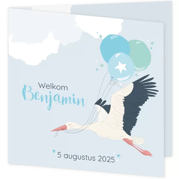 Geboortekaartje Benjamin - Ooievaar met blauw ballonnen
