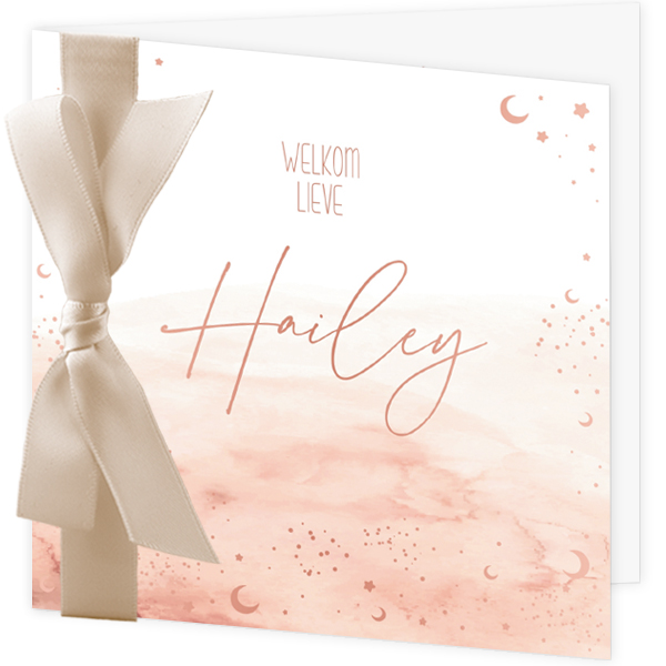 Geboortekaartje Sterren en maantjes met beige lint