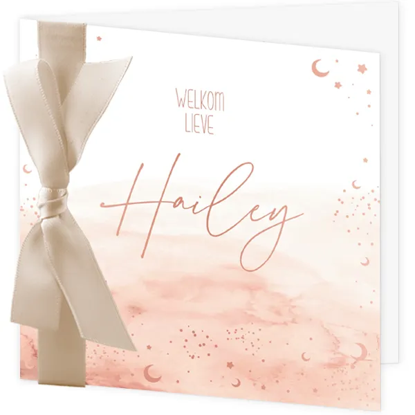 Geboortekaart Sterren en maantjes met beige lint
