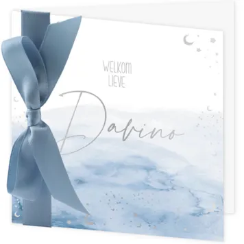 Geboortekaart Sterren en maantjes met blauw lint