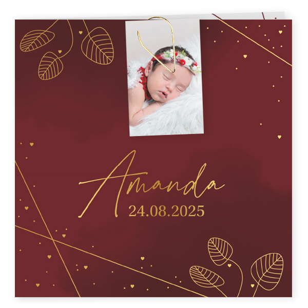 Geboortekaartje Amanda - Bordeaux rood met goudfolie