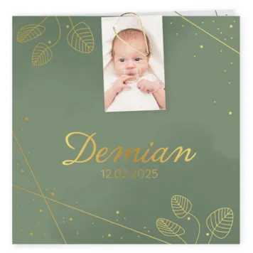 Geboortekaartje Demian - Donkergroen met goudfolie