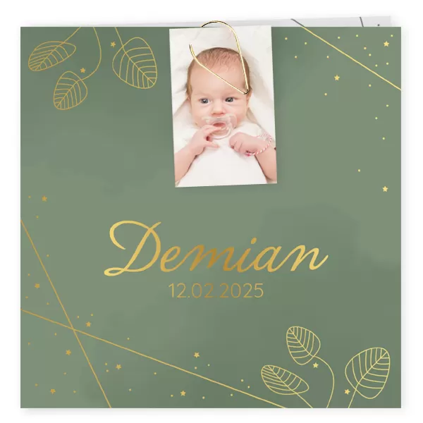 Geboortekaartje Demian - Donkergroen met goudfolie