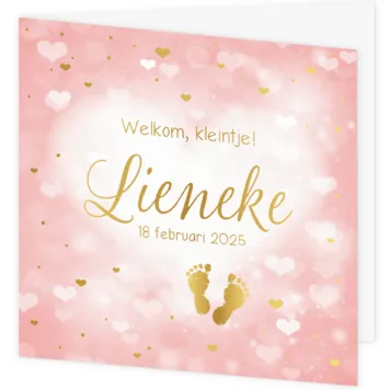 Geboortekaart Lieneke - Bokeh hartjes