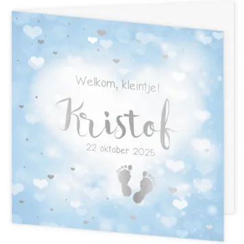 Geboortekaartje Kristof - Bokeh hartjes blauw