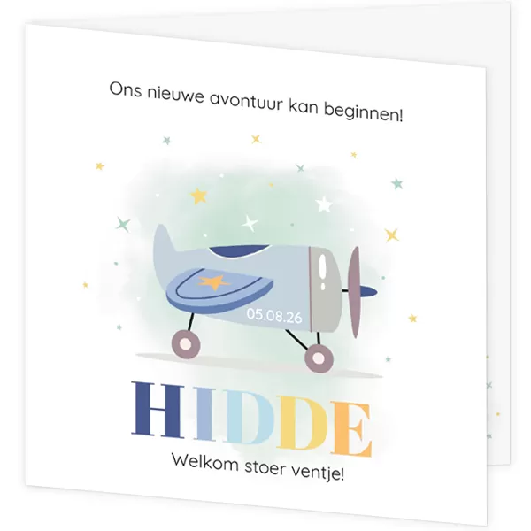Geboortekaartje Hidde - Vliegtuigje met sterretjes