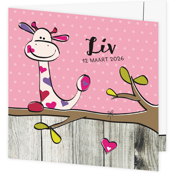 Geboortekaartje Liv - Roze Girafje met hartjes