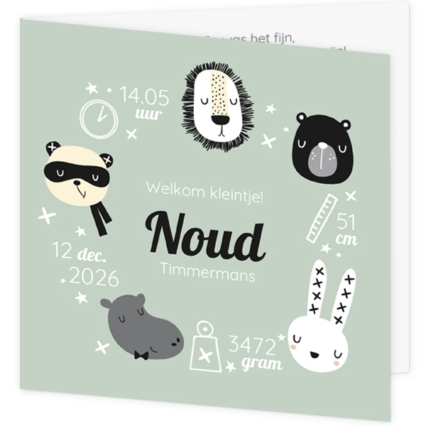 Geboortekaartje Noud - Vrolijke dieren