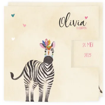 Geboortekaartje Olivia - Zebra en hartjes