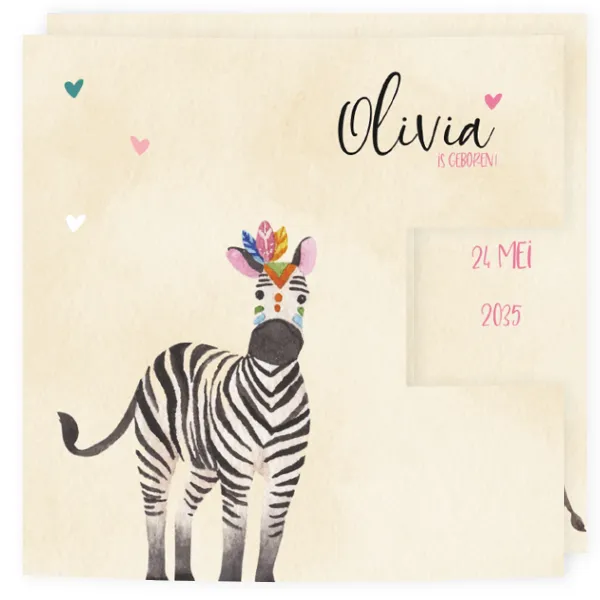 Geboortekaartje Olivia - Zebra en hartjes