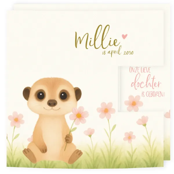 Geboortekaartje Millie - Schattig stokstaartje en bloemen