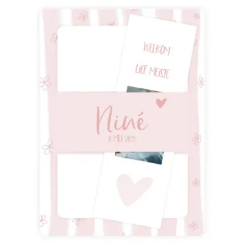 Geboortekaartje Nine - Roze strepen en bloemen