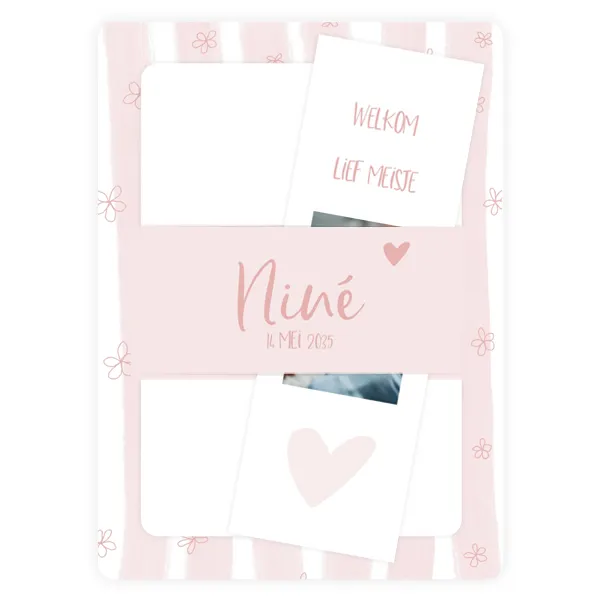 Geboortekaartje Nine - Roze strepen en bloemen