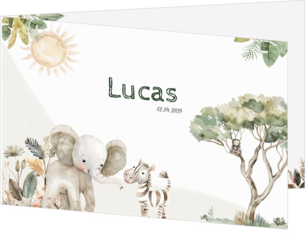 geboortekaart safari met olifant en zebra en jungle 