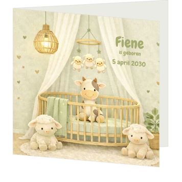 Lief geboortekaartje met boederijknuffels in babykamer en zachte groentinten