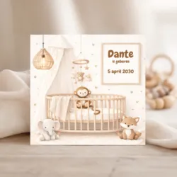 Schattig geboortekaartje met aapje, olifantje en vos in beige tinten