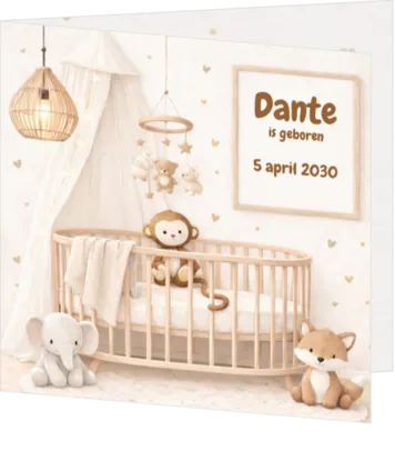 Schattig geboortekaartje met aapje, olifantje en vos in beige tinten