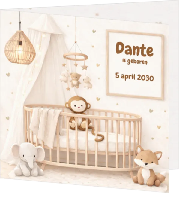 Schattig geboortekaartje met aapje, olifantje en vos in beige tinten