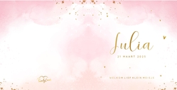 Trendy geboortekaartje roze met goudfolie hartjes en watercolor