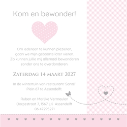 Babyborrelkaartje -  Bente - Roze hartjes met gestippelde hartjes
