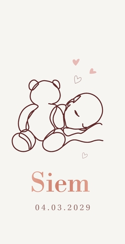 Lief minimalistisch geboortekaartje met lijntekening slapende baby met teddybeer