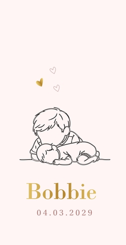 Lief geboortekaartje met lijntekening van broer die zijn babybroertje een kus geeft