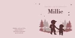 Avontuurlijk geboortekaartje met silhouet van zusje en broer in het bos