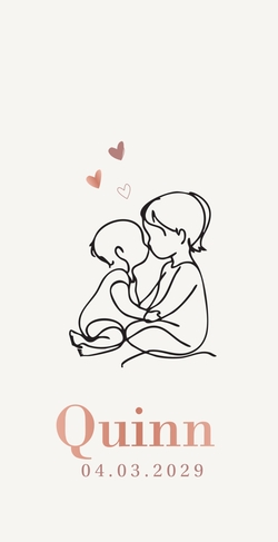 Lief geboortekaartje met lijntekening van zus met babybroertje of -zusje