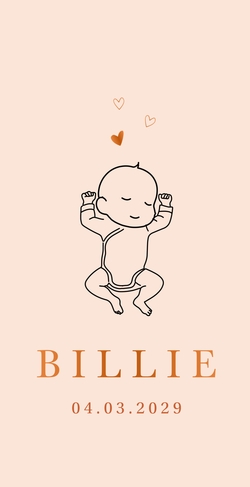Lief minimalistisch geboortekaartje met slapende baby in koperfolie lijntekening