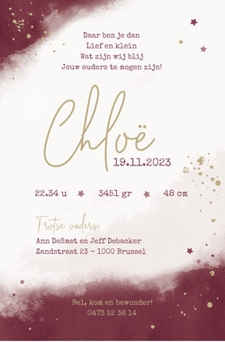Geboortekaart Chloë - Bordeaux rood met spetters