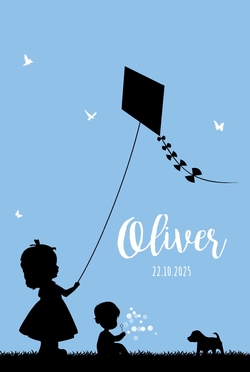 Poster 2 blauw met zwart jongen en meisje silhouet