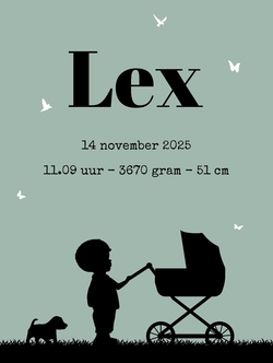 Poster 1 groen met zwart jongen en kinderwagen silhouet