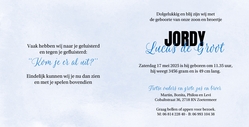 Geboortekaart grote zus en broer bij wieg blauw