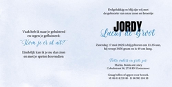 Geboortekaart grote zus bij wieg blauw
