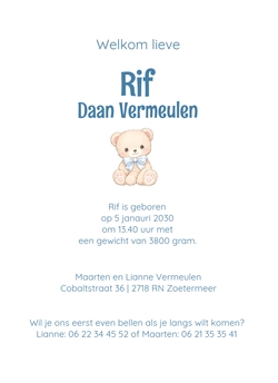 Welkom lief wondertje beertje blauw strik