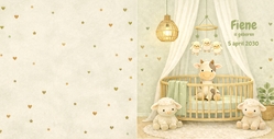 Lief geboortekaartje met boederijknuffels in babykamer en zachte groentinten