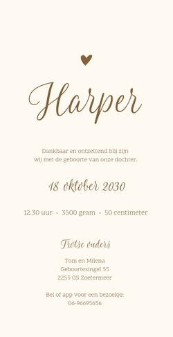 Geboortekaart enkel met hartjes bruin Harper
