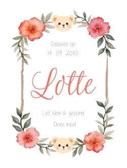 Schattig wijnetiket met bloemen en beertje