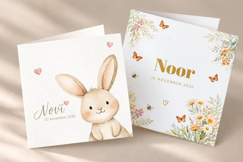 Geboortekaartjes met een konijntje en bloemen