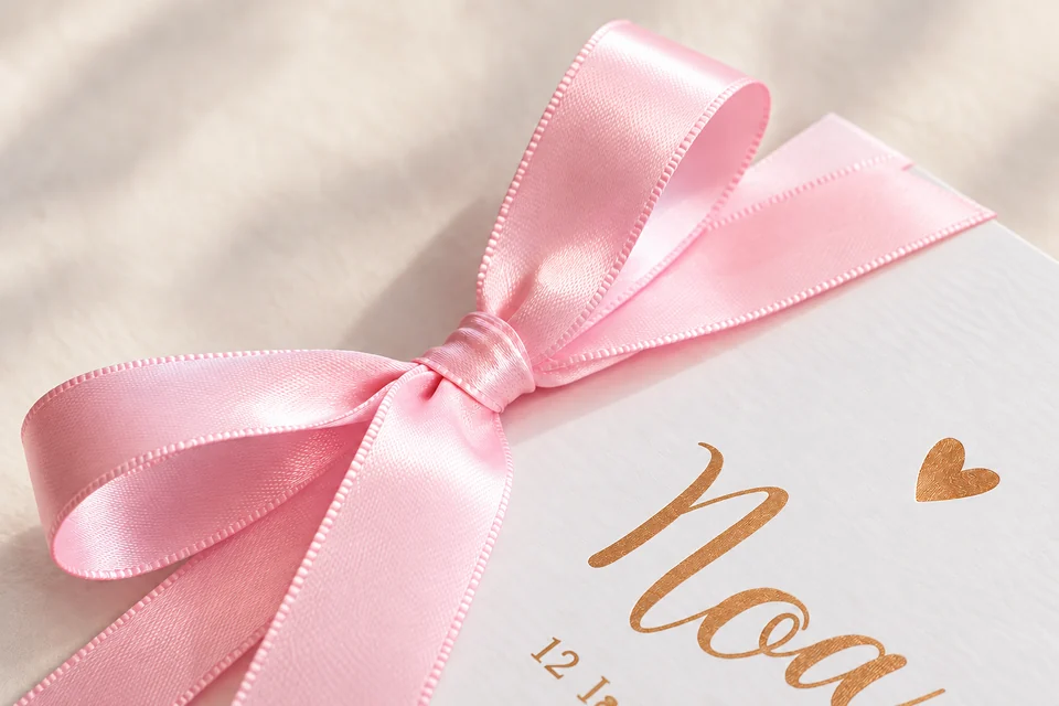 Roze satijnen strik op een wit geboortekaartje