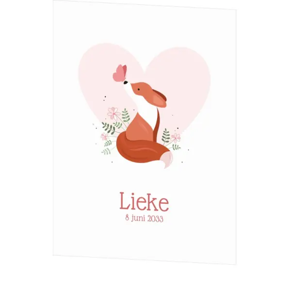 Lief geboortekaartje voor een meisje met vosje en vlinder